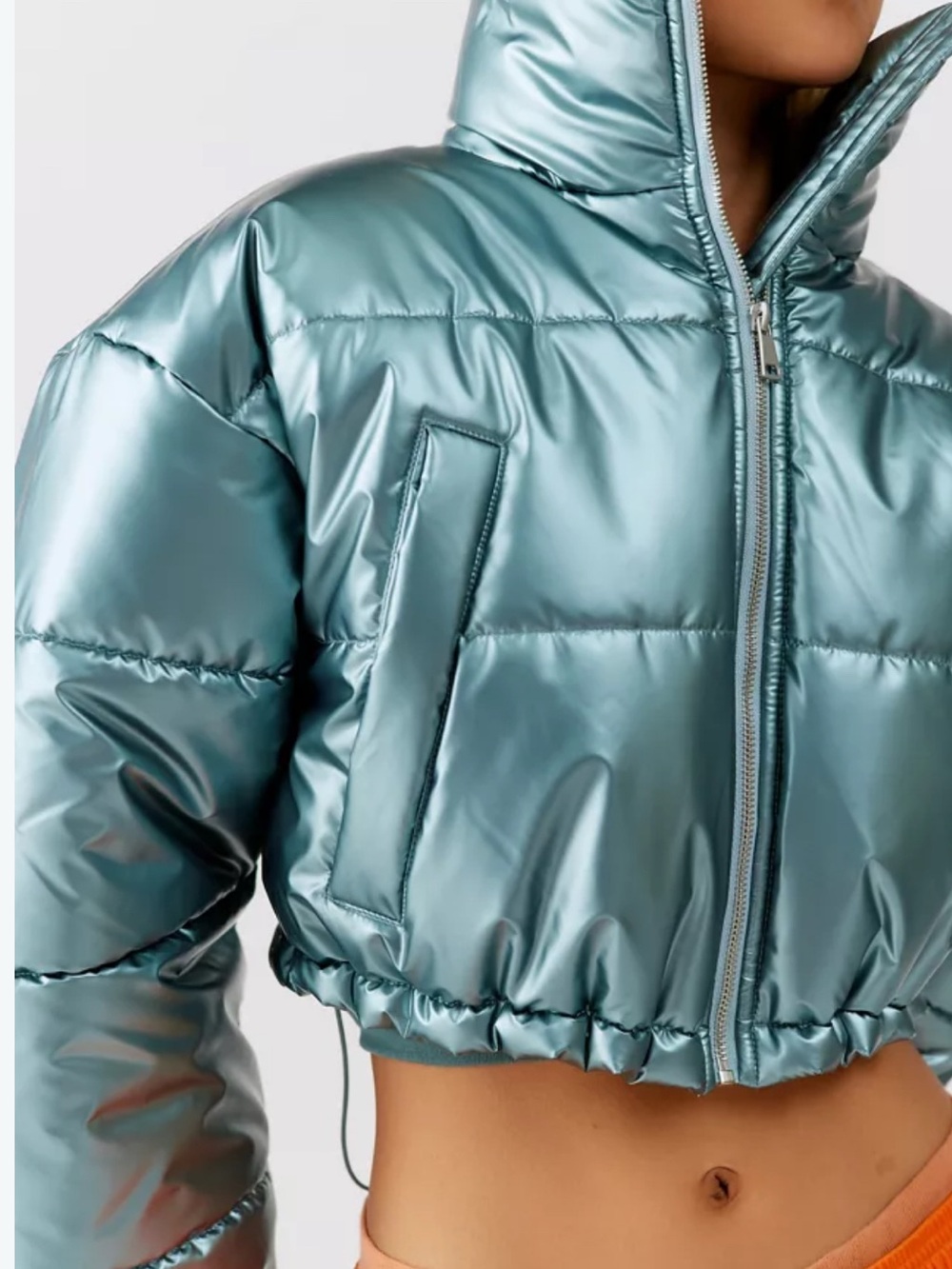 Urban Outfitters Cropped Metallic Teal Puffer Jacket